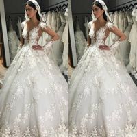 Luxury Lace Ball Gown Wedding Dresses Sheer Jewel Long Sleev...