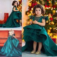 2019 Moda Tül Saten Yüksek Düşük Prenses Parti Pageant Törenlerinde Yay Kapaklı Kollu Küçük Bebek Çiçek Kız 'Elbiseler Düğün