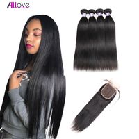 Allove Malaysian Virgin Wefts 8-28 inch Yaki Straight 4PCS with Lace Closure Brazilian Indian Kinky Curly Human Hair Extensions Bundles Water Wave for Women Jet Black