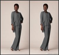 2018 Grå Chiffon Formella byxor för Mother Groom Dresses Evening Wear Lång Moder av brudklänningarna med Jackor Plus Size Custom 113