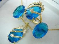 Charmant cristal bleu pendentif collier bague boucle d'oreille ensemble plaqué or gros cristal de quartz pierre