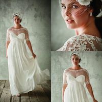 Jenny Packham Plus Size Wedding Dresses With Half Sleeves Sheer Jewel A Line Lace Appliqued Chiffon Empire Waist Wedding Dress Bridal Gowns