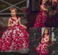 Sevimli 3d Çiçek Aplike Küçük Kızlar Pageant Elbiseler Balo Çiçek Kız Elbise Düğün Için Jewel Boyun Tül İlk Communion Gowns