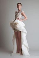 Krikor Jabotian Elegante hoch niedrige Kurzschlusskleider Sheer Bedeckte Button Back Sweep Zug Spitze Brautkleider Applikationen Abendkleid