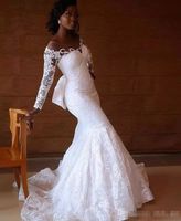 Südafrika Meerjungfrau Brautkleider Sheer Jewel Neck Langarm Spitze Hochzeitskleid Nach Maß Lange Ärmel Brautkleid