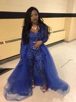 Reali blu scintillante Prom Dresses delle tute a manica lunga con scollo a V paillettes abiti di sera Dress Plus Size Partito Africano vesti de soirée