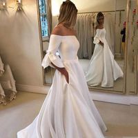 Половина Длинные рукава с плеча Свадебные платья 2020 с Sash развертки поезд атласная A Line Свадебные Платья