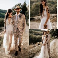 Rendas rústicas boêmio país vestido de noiva sexy plugue decote dividir coxa ilusão boho vestidos de noiva do vintage barato robe de mariée 2019