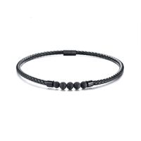 Black Fashion Men&#039;s Leather Stainless Steel Magnet Lava Stone Beads Necklace Jewelry Gift for Men Boys J441