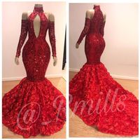 Red Sparkling Sequins Mermaid Prom Dresses High Neck Long Sleeves Lace 3D Floral Sweep Train Formal Party Dresses Evening Dresses273f