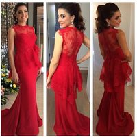 Wholesale 2016 New Fashion Beautiful Lace Patterns Long Elegant Mermaid Red Evening Dresses Peplum Waist Women s Formal Party Gowns