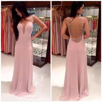Wholesale Pink Backless Sheath Evening Prom Dresses Deep V Neck Crystal Beaded Custom Formal Occasion Prom Party Wedding Gowns