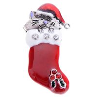 Wholesale Fashion Cat Rhinestone Enamel Gift Sock Stocking Shoes Brooches Pin for Xmas Christmas Gift Unique Jewelry