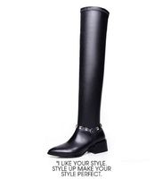 Wholesale fashionville high quality b075 black genuine leather stud pointy stretch thigh high boots fashion sexy women