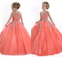Wholesale 2016 Crew Neck Lace Applique Tulle Girls Pageant Dresses Princess Crystal Beads White Coral Kids Flower Girls Dress Birthday Party Gowns