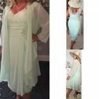 Wholesale Mint Green V Neck Column Short Mother of the Bride Dresses with Wrap Plus Size Casual Chiffon Evening Gowns Lace Tea Length