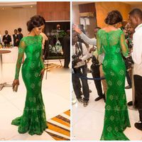 Wholesale 2018 newest Sheer lace Long sleeves evening dress with bateau emerald green prom dresses mermaid celebrity evening gowns