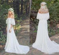 Wholesale 2019 New Arrival Lace Chiffon Bohemian Wedding Dresses Off Shoulder Plus Size Cheap Beach Boho Hippie Sweep Train Bridal Wedding Gowns