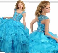 Wholesale 2020 Sky Blue Girls Pageant Dress Ball Gown Long Turquoise Organza Crystals Ruffled Flower Girls Birthday Party Dresses For Junior