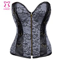Wholesale Silver Black Convex Floral Brocade Overbust Zipper Gothic Corset Bustier Top Steampunk Corsets and Bustiers Sexy Korset Corselet