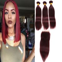 7a 99j Red Brazilian Straight Human Hair Extension 3 Bundles Dark Wine Red Color Peruvian Virgin Hair Burgundy Weave With Closure