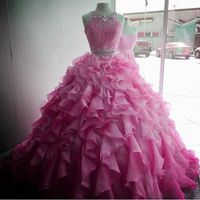 Wholesale Two Pieces Quinceanera Dresses Ball Gown Pink Sweet Dresses Full Lace Top Gowns Beads Crystals Ruffles Plus Size Vestidos De