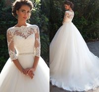 Wholesale 2021 Modest A Line Wedding Dresses with Half Sleeves Lace Bateau Neck Beading Sash Sweep Train Plus Size Beach Garden Bridal Gown