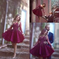 Wholesale Burgundy Short Cocktail Dresses Sheer Long Sleeve with Beads Sequins Said Mhamad Neck Fashion Short Prom Party Gowns Custom BA1772