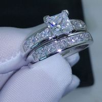 Wholesale Luxury Size Jewelry kt white gold filled Topaz Princess cut simulated Diamond Wedding Ring set gift with box