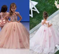 Wholesale Vintage Princess Ball Gown Pink Flower Girl Dresses Spghaetti Straps Hand Made Floral D Long Tulle Kids Party Gowns