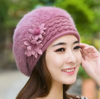 Wholesale Flower Beret Womens Faux Fur Beanie Knitting Hat Crochet Winter Hat Snow Warm Slouchy Beanie Skull Cap by Fedex