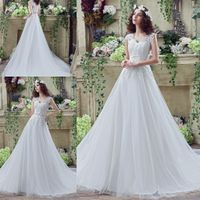 Wholesale Plus Size Vestido de Novia Wedding Dresses V Neck capped Sleeve Sheer Tulle In stock Sash Applique Lace Cheap Bridal Gowns