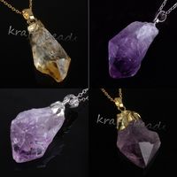 Wholesale Charms Silver Gold Plated Natural Amethyst Yellow Quartz Crystal Gemstone Random Shape Pendant Necklace Jewelry