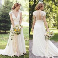 Wholesale Vintage Country Wedding Dresses V Neck Short Sleeves Lace Hollow Back Vestidos De Festa Long Sweep Chiffon Bridal Gowns