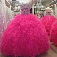 Wholesale 2015 Vestidos De Anos Quinceanera Dresses Hot Pink Crystal Ball Gown Cascading Ruffles Ruffle Lace Up Prom Evening Gowns Sweet Dress
