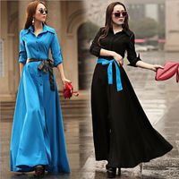 Wholesale American Fashion Women Day Dresses Solid Lapel Neck Single breasted Shirt Bohemain Dress Plus Size Maxi Beach Casual Dresses for Women