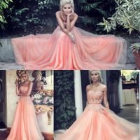 Wholesale Peach Prom Dresses Coral Bridesmaid Dresses With Lace Applique A Line Sweetheart Neck Sleeveless Long Blush Party Dresses Ball Gowns