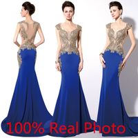 Wholesale 2019 In Stock Royal Blue Dubai Arabic Dresses Party Evening Wear Gold Embroidery Crystal Sheer Back Mermaid Prom Dresses Real Image Cheap