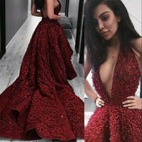 Wholesale Sparkling Sequined Long Evening Dresses Halter Neck Floral Appliques Backless Red Carpet Dress Glamorous Party Prom Dress Sexy Evening Gowns