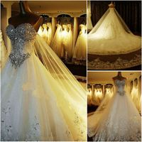 Wholesale 100 Real Image Luxury Ball Gown Wedding Dresses Sweetheart Crystal Beaded Tulle Royal Wedding Gowns Cathedral Train Lace Up Back
