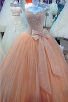 Wholesale Peach Tulle Sweet Dress Quinceanera Dresses Sparkling Sequins Corset Floor Length Sweetheart Real Image Ball Gown Prom Dress for Years