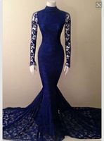 Wholesale Long Sleeves Dark Blue Prom Dresses Mermaid Illusion Full Lace Party Gowns Custom made Elegant Women Formal Dresses