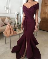 Wholesale 2018 Simple Elegant Burgundy Off Shoulders Mermaid Prom Dresses Floor Length Side Split with Ruffles Formal Evening Party Wear Cheap