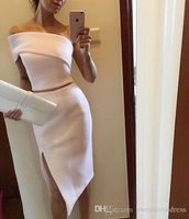 Wholesale elegant Unique One Shoulder White Two Piece cocktail Dress for Women Stylish Slit Formal Events Outfits Short Prom Formal Occasion Gowns