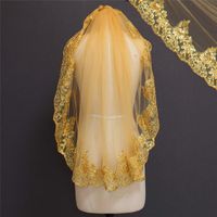 Wholesale Real Photos One Layer Sequins Lace Edge Gold Short Bridal Veil with Comb Single Tier Wedding Veils NV7099