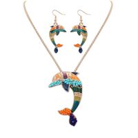 Wholesale NEW punk style KGP silver lifelike Drip Rainbowful Naughty dolphin shape jewelry set alloy necklace earrings accessories for women