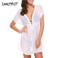 Loozykit Women Bikini Chiffon Cover Up Swim Robe De Plage Femme Solid Pareos Sarong Swimsuit Sexy Solid Beach Tunic Beach Dress