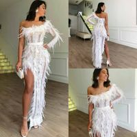 Wholesale 2019 White Sexy Evening Dresses High Side Split Lace Feather One Shoulder Mermaid Prom Dress Floor Length Long Cocktail Party Gowns