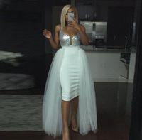 Wholesale Fashion White Short Prom Dresses With Evening Detachable Overskirts Evening Gowns V NeckTulle Skirt Sequins Top Cocktail Party Dresses