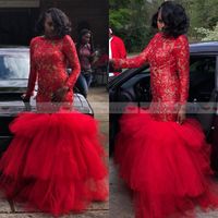Wholesale Black Girls Mermaid Evening Dresses Layers Tulle African Formal Party Gowns Long Sleeve Red Lace Dubai Arabic Prom Dress Vestidos